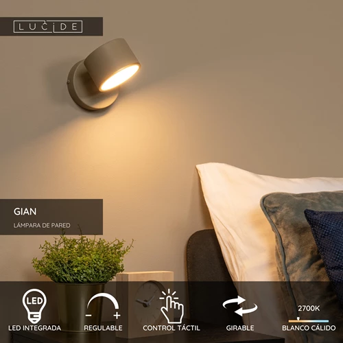 Lucide GIAN - Lámpara de pared - LED Regul. - 1x9W 2700K - Taupe - USP